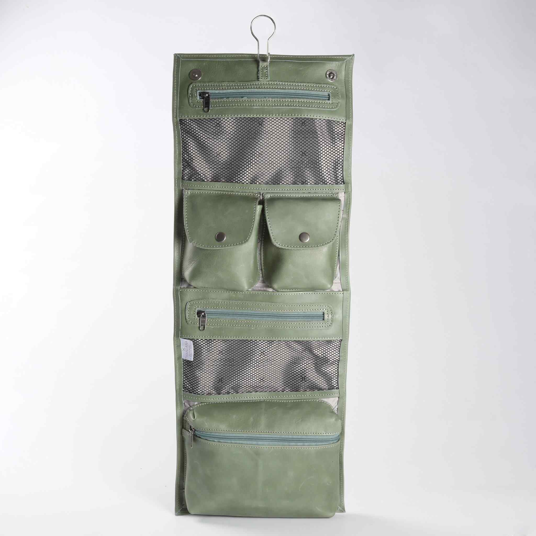 Thandana Roll Up Leather Toiletry Bag With Hook | Green - KaryKase