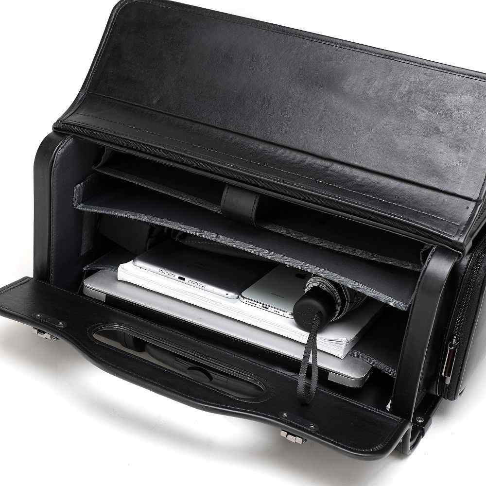 Tosca Leather Laptop Pilot Case With Wheels | Black - KaryKase